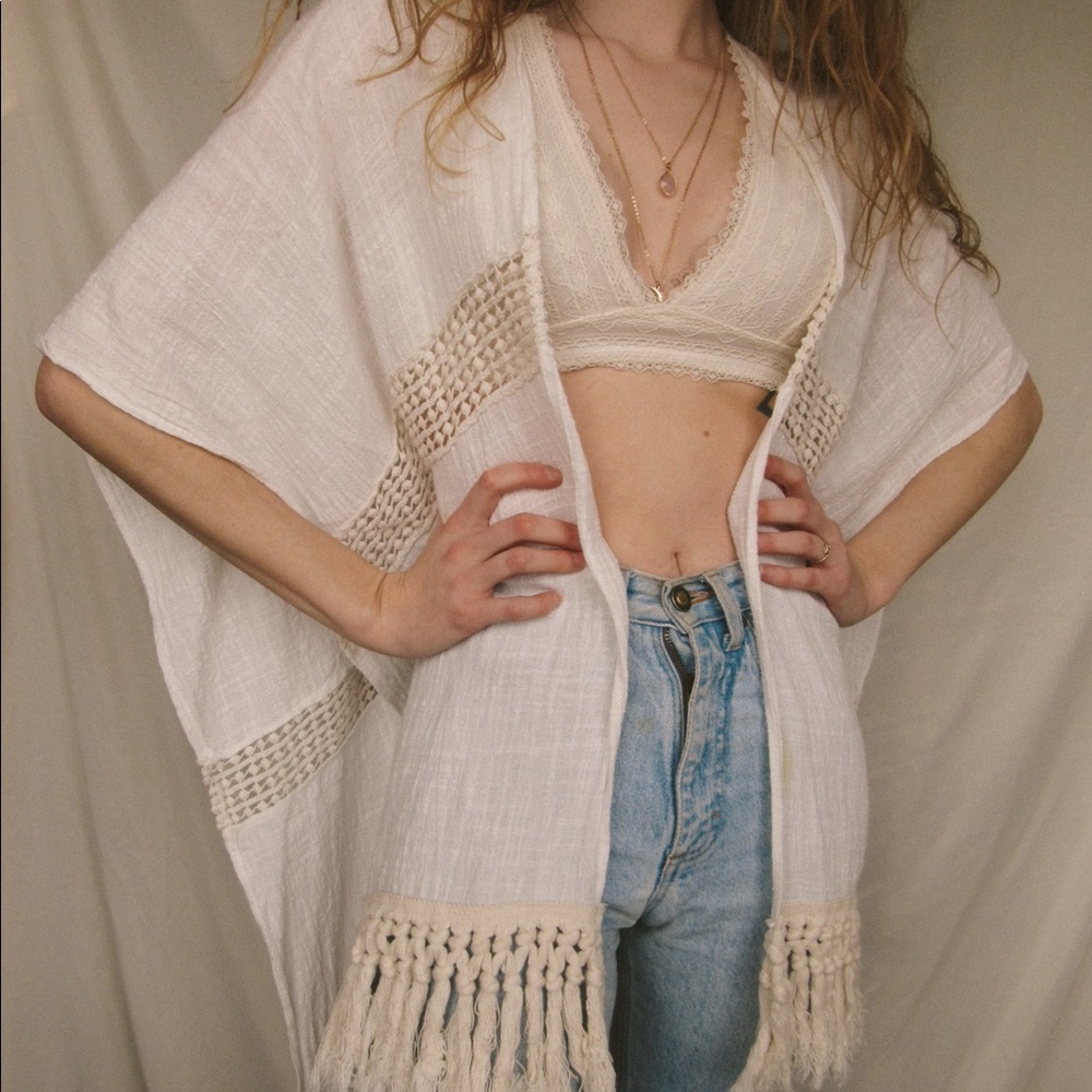White Gauze Cover Up with Fringe